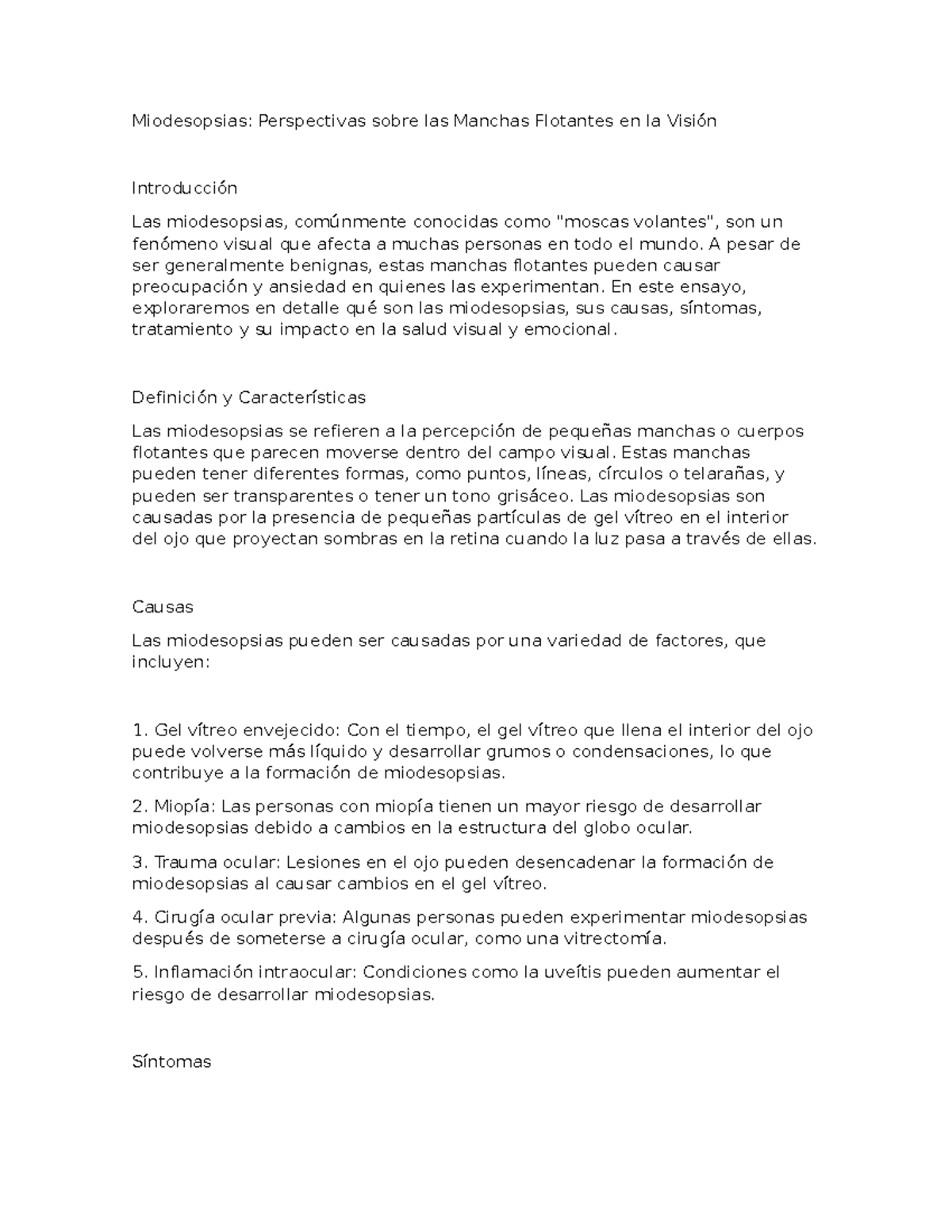 Miodesopsias - resumen - Miodesopsias: Perspectivas sobre las Manchas ...