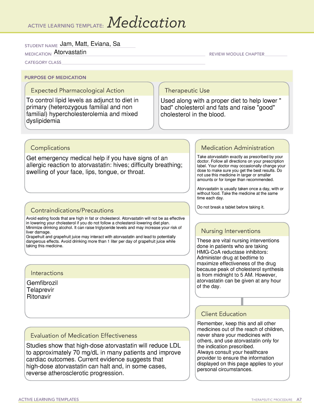 Atorvastatin Active Learning Template medication ACTIVE LEARNING