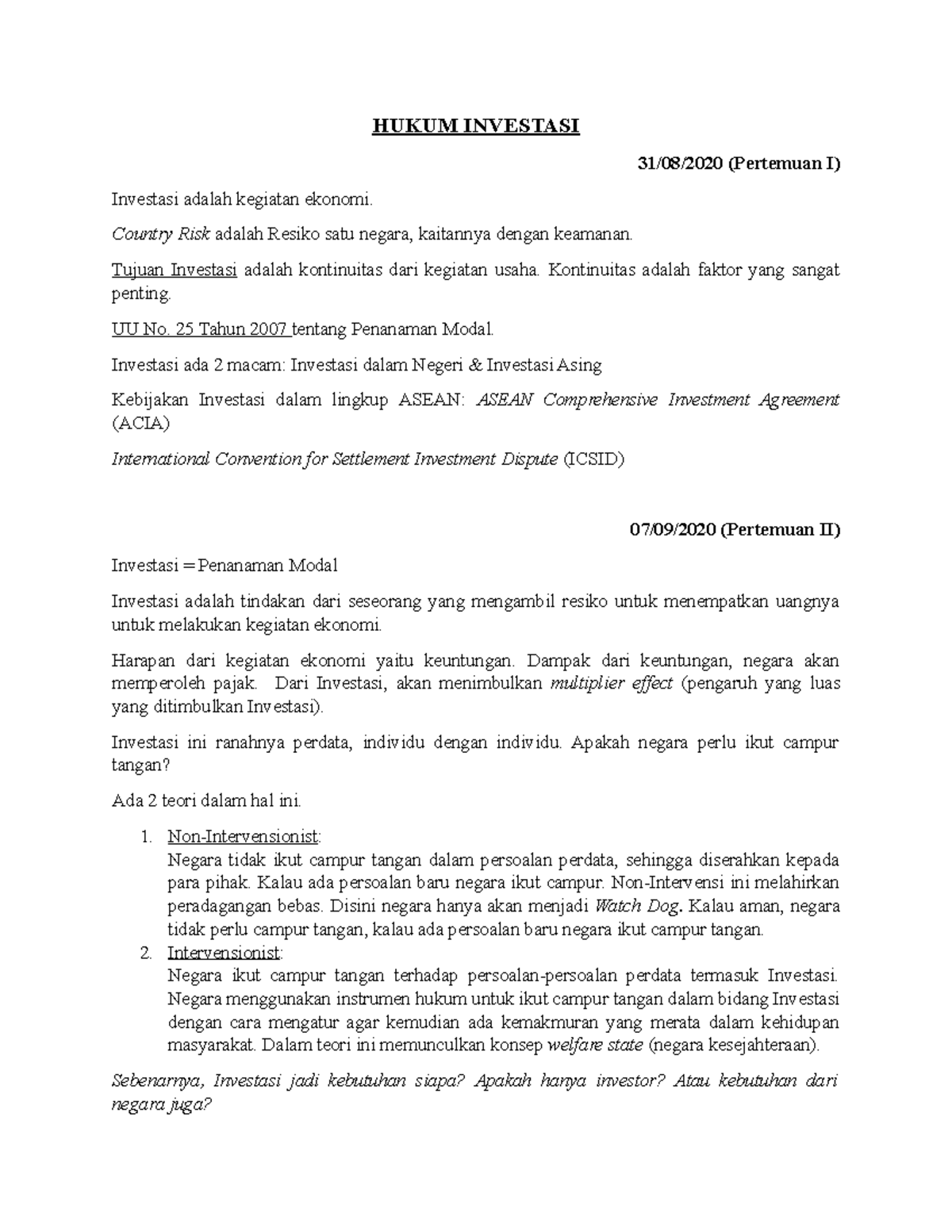 Hukum Investasi - HUKUM INVESTASI 31/08/2020 (Pertemuan I) Investasi ...