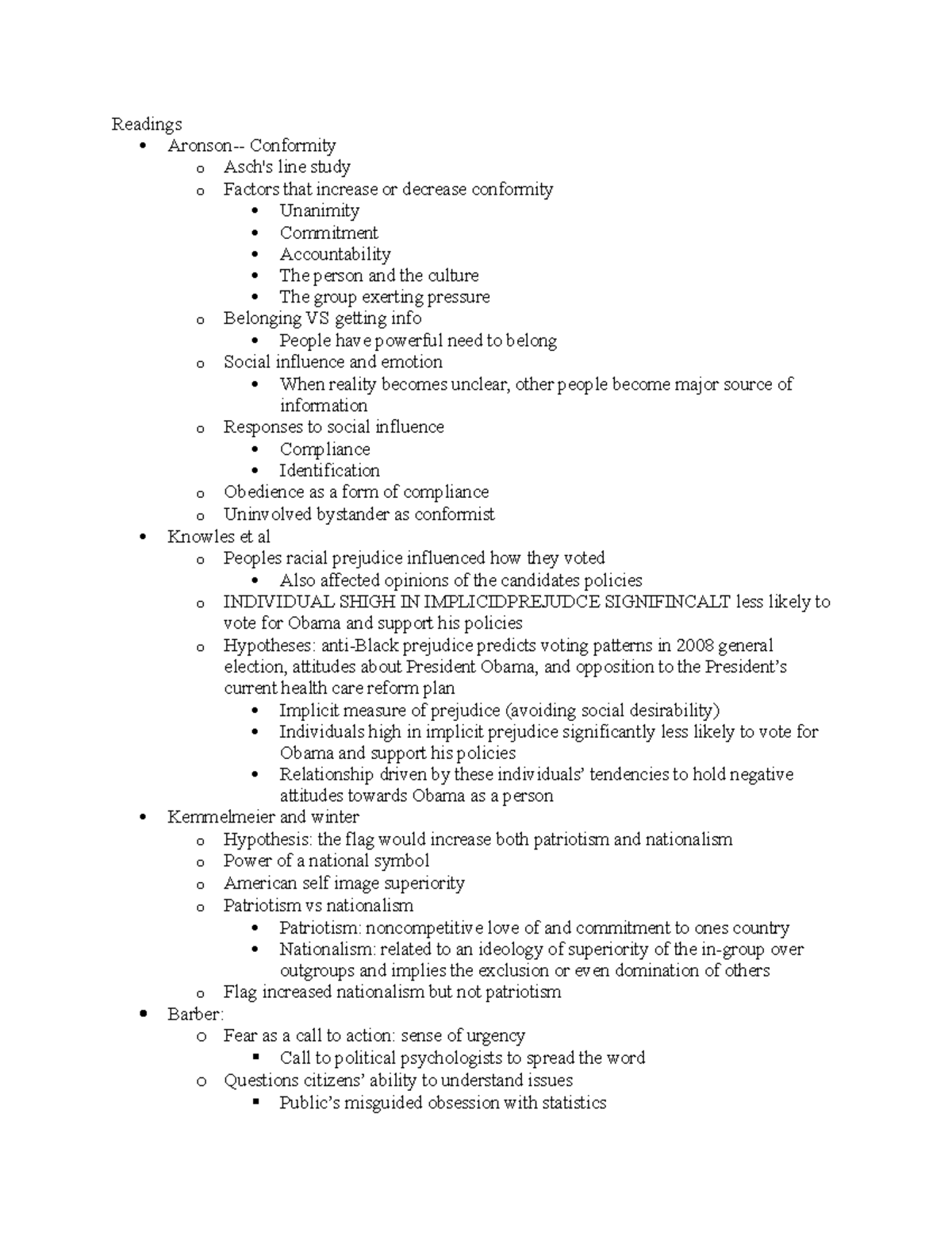 Readings- Final Exam - Readings Aronson- Conformity o Asch's line study ...