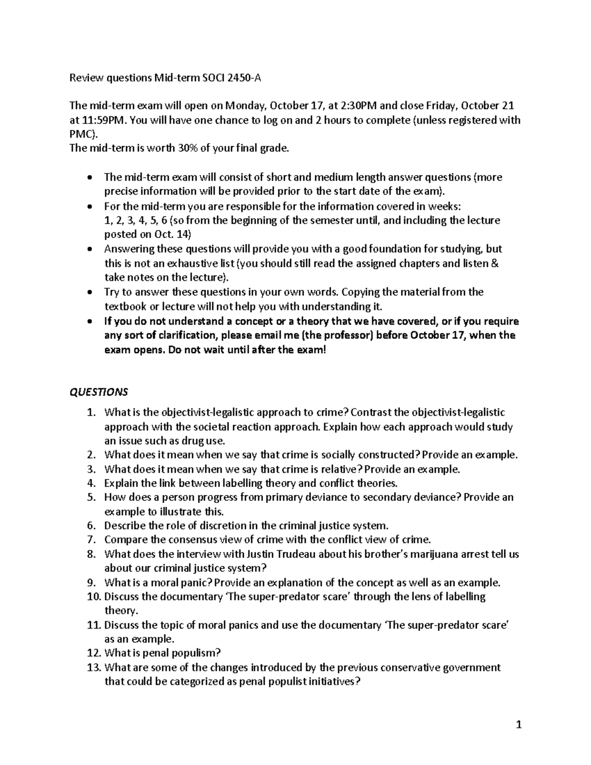 Mid-term Exam Review Questions SOCI 2450A Fall 2022 - 1 Review ...