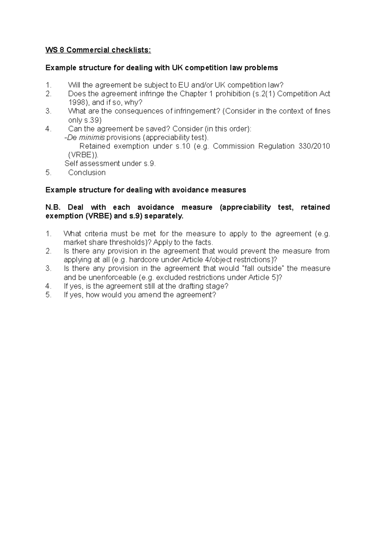WS 8 Commercial checklists - WS 8 Commercial checklists: Example ...