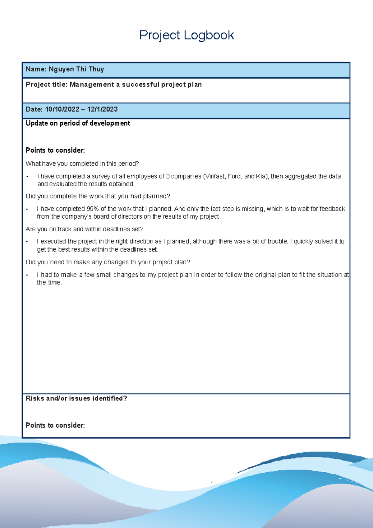 Project Logbook Template - Project Logbook Name: Nguyen Thi Thuy ...