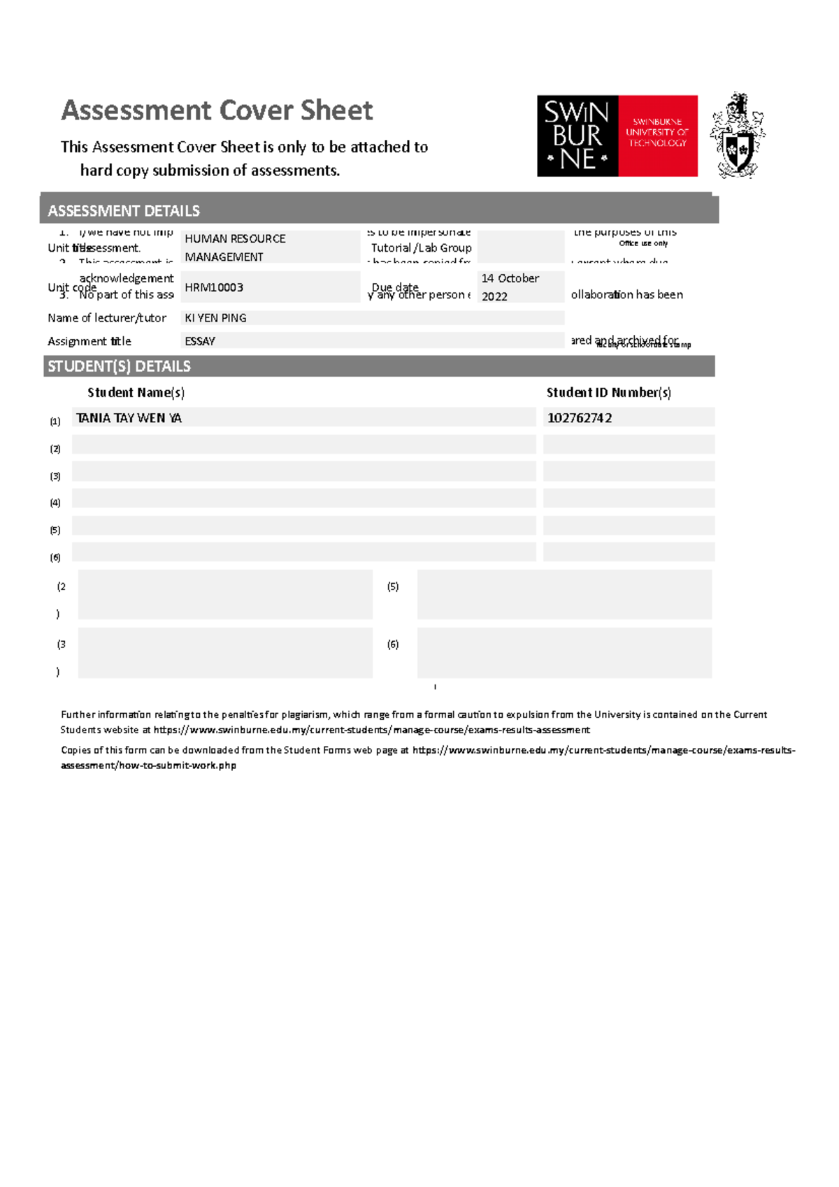 SUTS Assessment Cover Sheet v2020 - Assessment Cover Sheet This ...