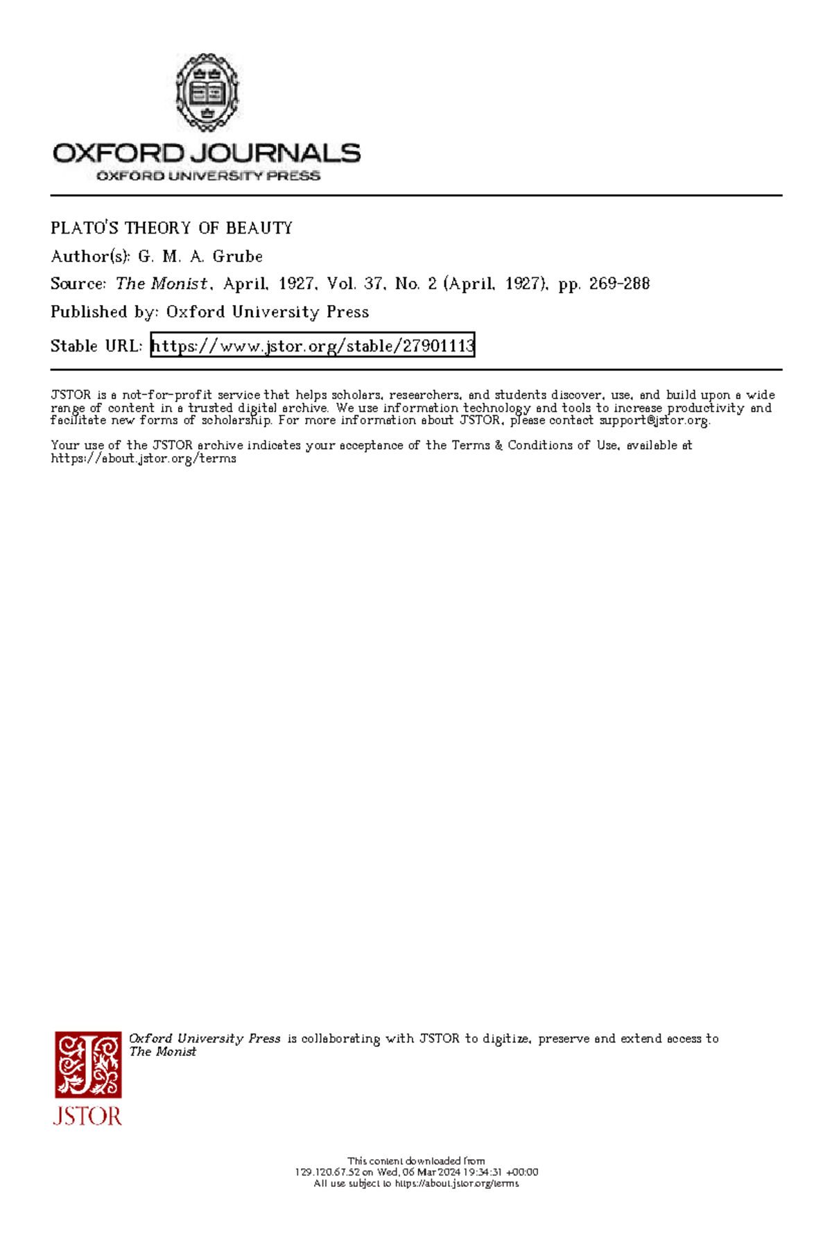 PLATOS THEORY OF LOVE PLATO'S THEORY OF BEAUTY Author(s) G. M. A