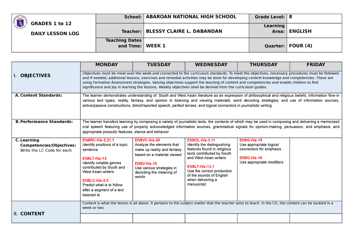 DLL-Eng8-4th Q-Week-1 - GRADES 1 To 12 DAILY LESSON LOG School: ABAROAN ...