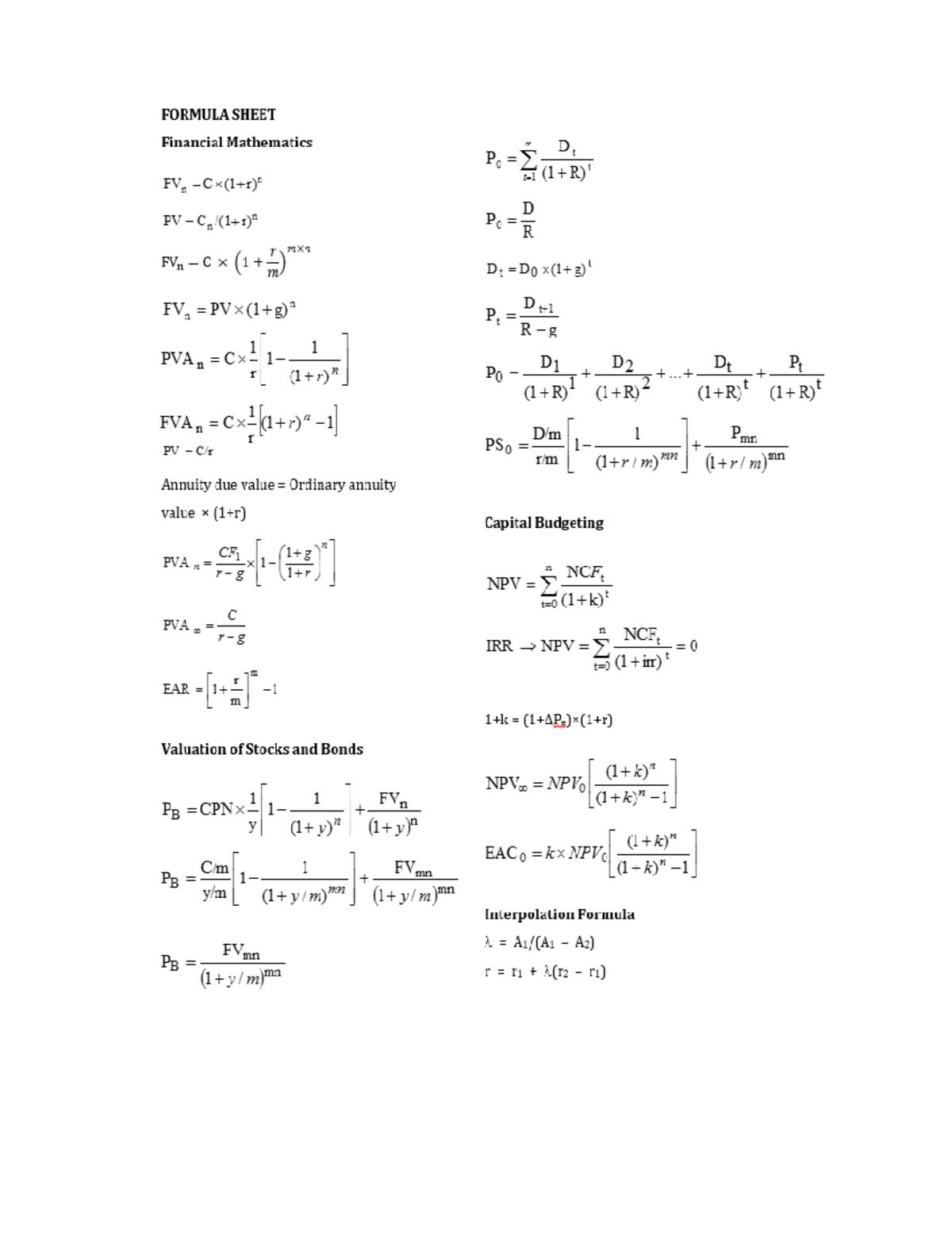 BFF2140 final exam formula sheet - BFF2140 - Studocu