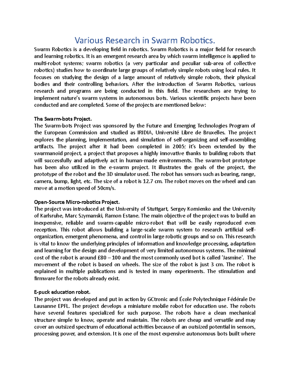 Swarm Robotics is a developing field in robotics - Various Research in ...