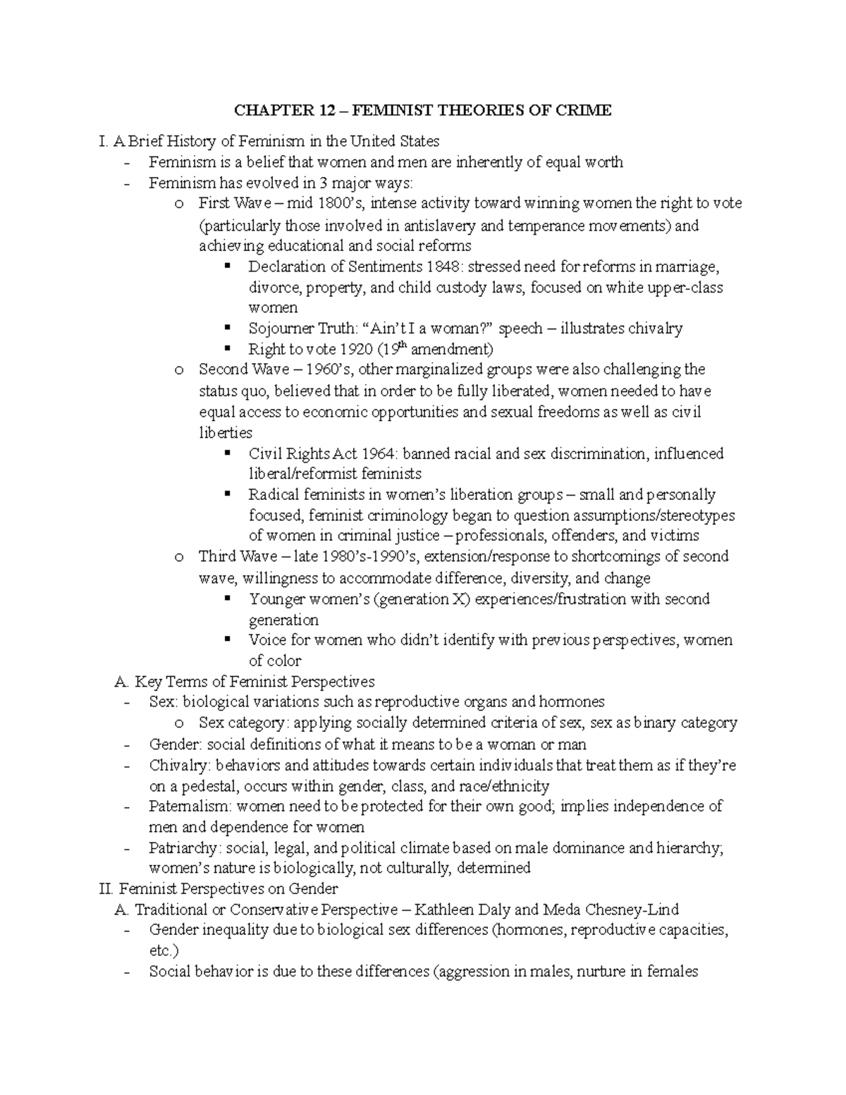 Final exam review - Lecture notes all - CHAPTER 12 – FEMINIST THEORIES ...