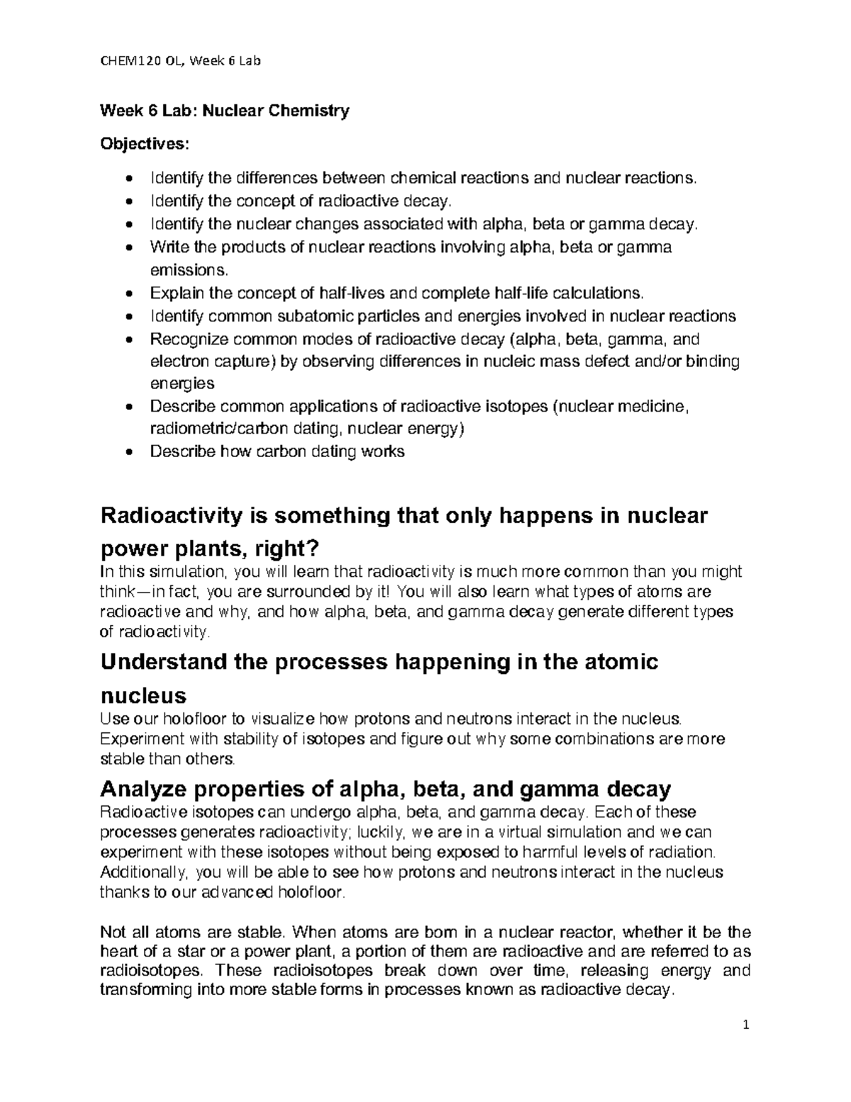 Week 6-Nuclear Chemistry - Week 6 Lab: Nuclear Chemistry Objectives ...