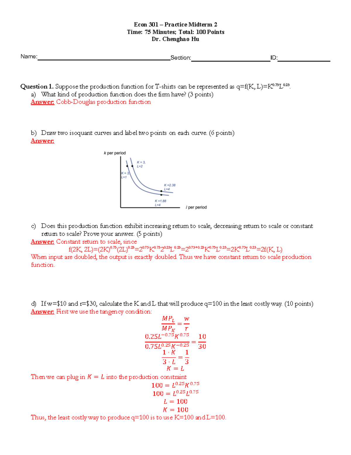 Practice Midterm 2 Key - Econ 301 – Practice Midterm 2 Time: 75 Minutes ...