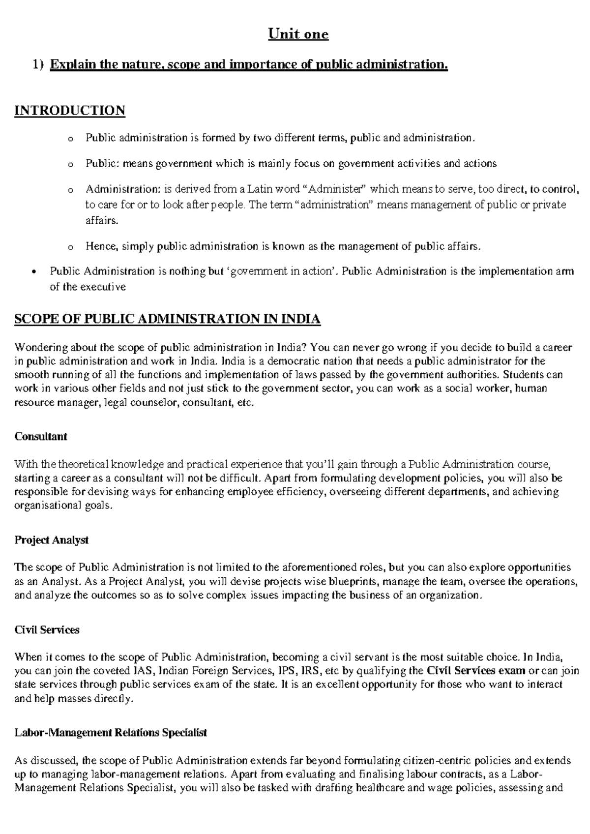 UNIT 1 - Public Administration - Unit one 1) Explain the nature, scope ...