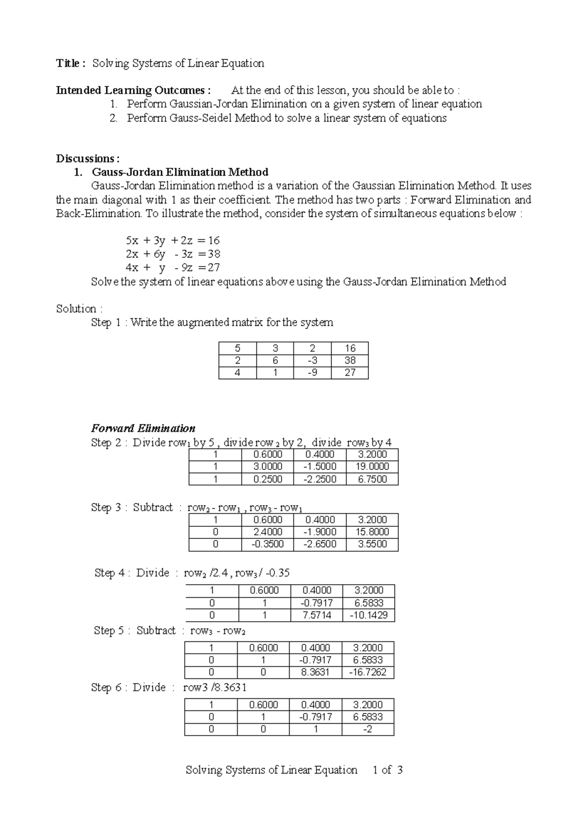M3. Solving Systems of Linear Equation - Title : Solving Systems of ...