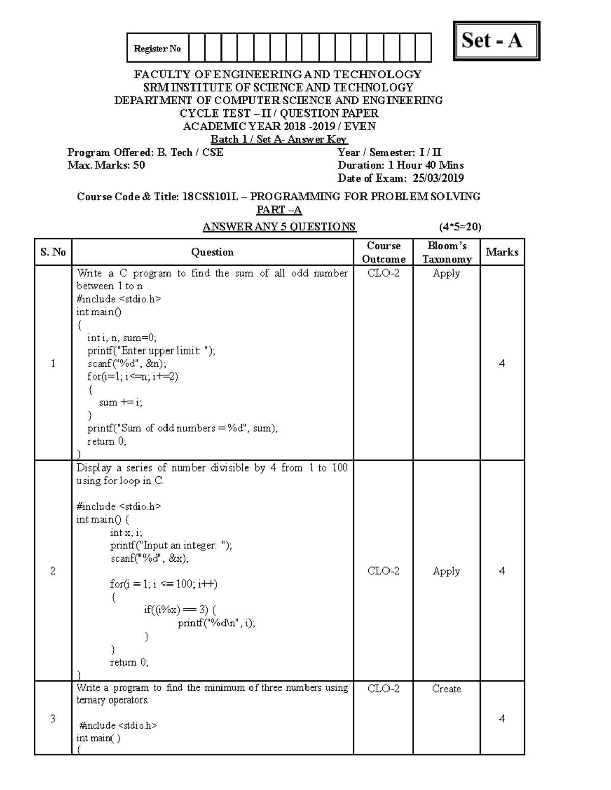 CT-II Set A Answer Key - Siuu - Register No FACULTY OF ENGINEERING AND ...