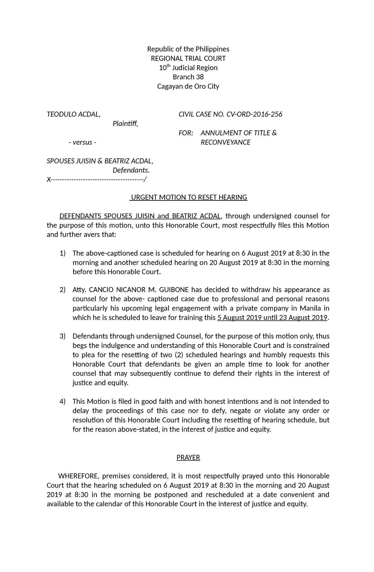 428072079 Motion for Postponement acdal 2019 - Republic of the ...