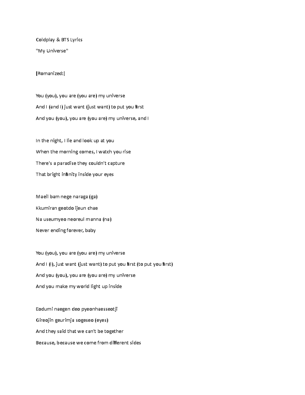 Coldplay Thank you soo much Coldplay & BTS Lyrics "My Universe