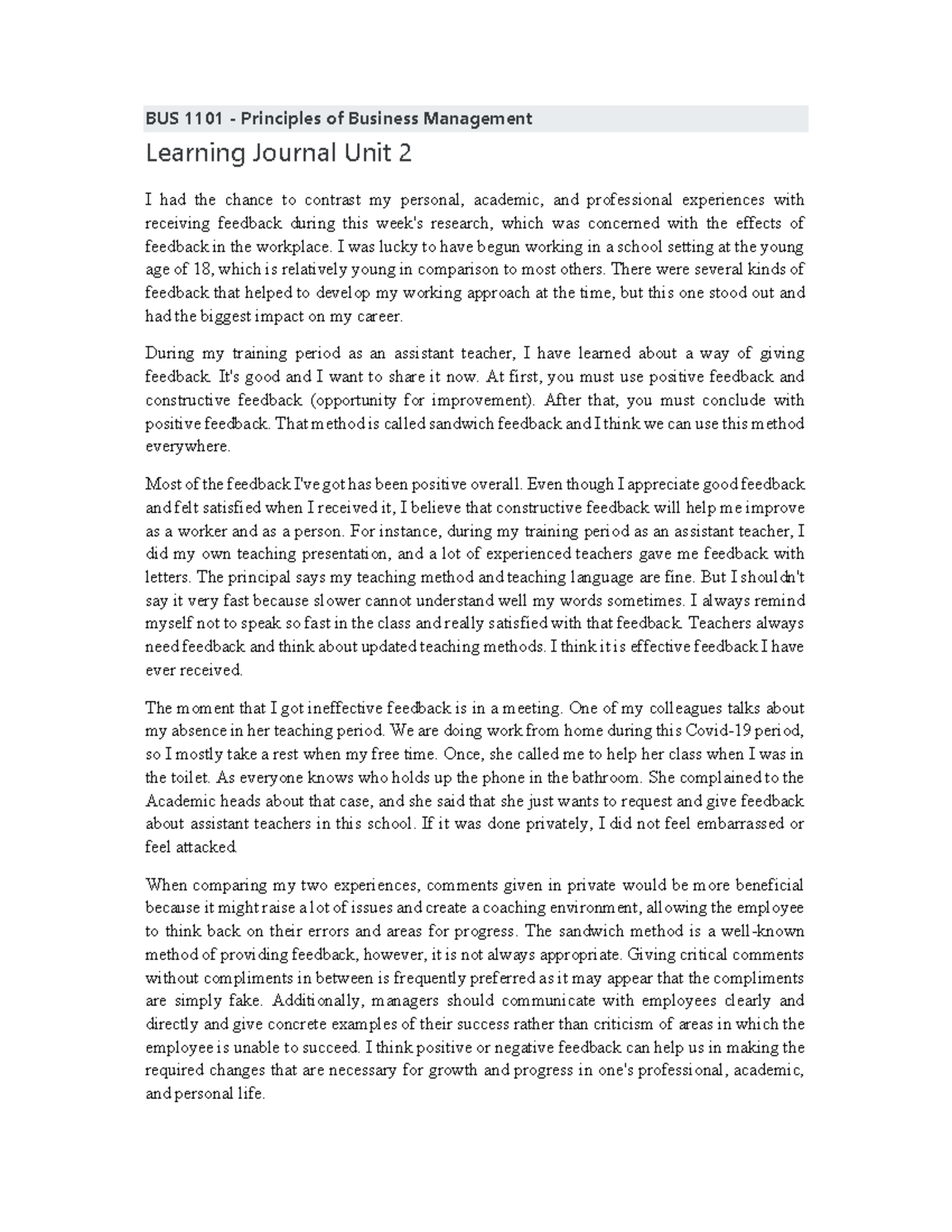 BUS 1101 - Principles Of Business Management Learning Journal Unit 2 ...