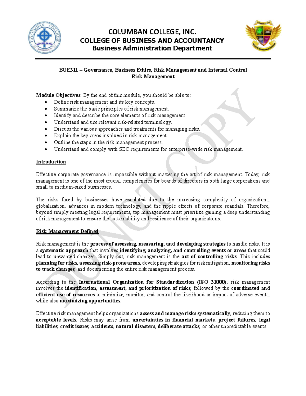 Module - Risk Management - BUE311 – Governance, Business Ethics, Risk ...