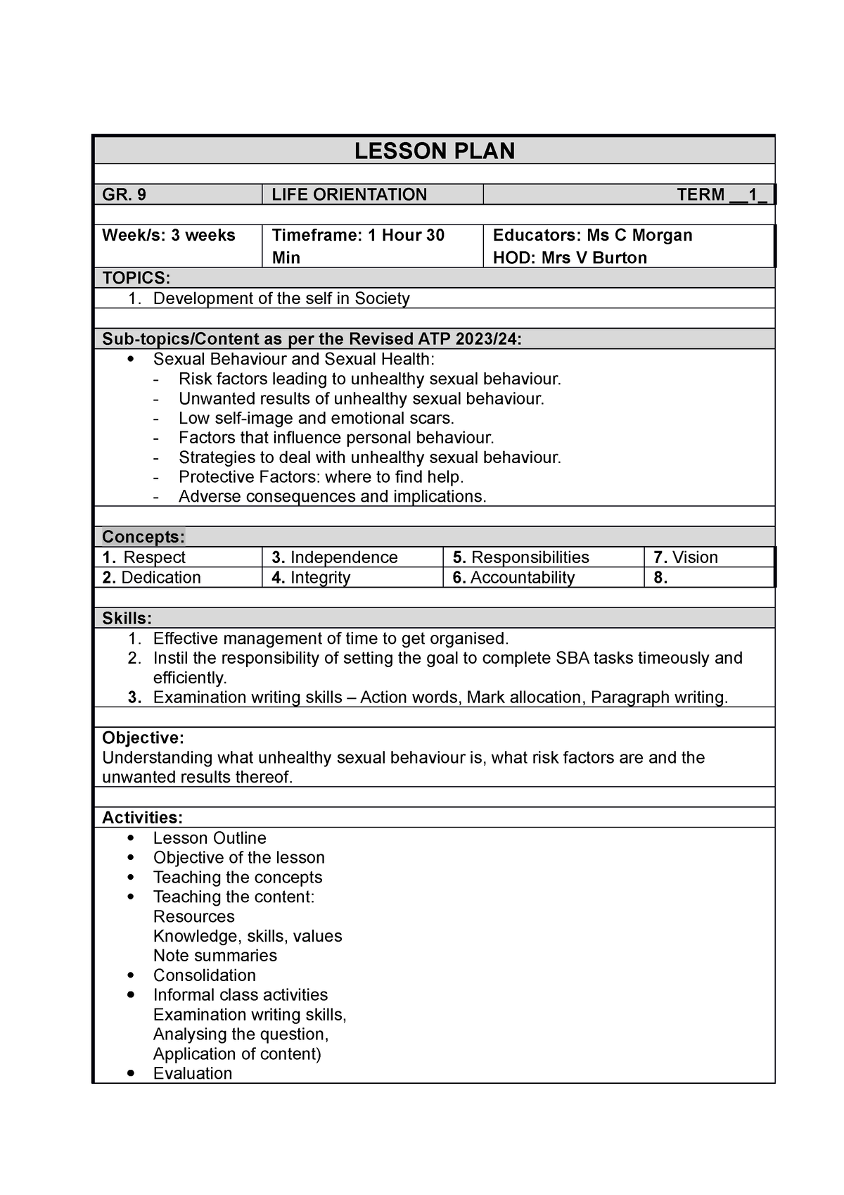 Grade 9 LO Lesson Plan 2 Sexuality LESSON PLAN GR. 9 LIFE