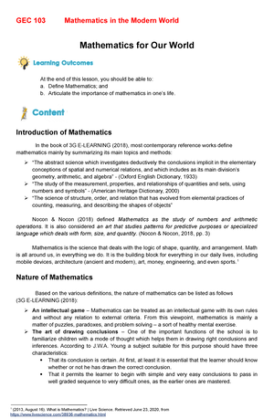 GEC 103 Weeks 1-2 - Mathematics For Our World - GEC 103 Mathematics In ...