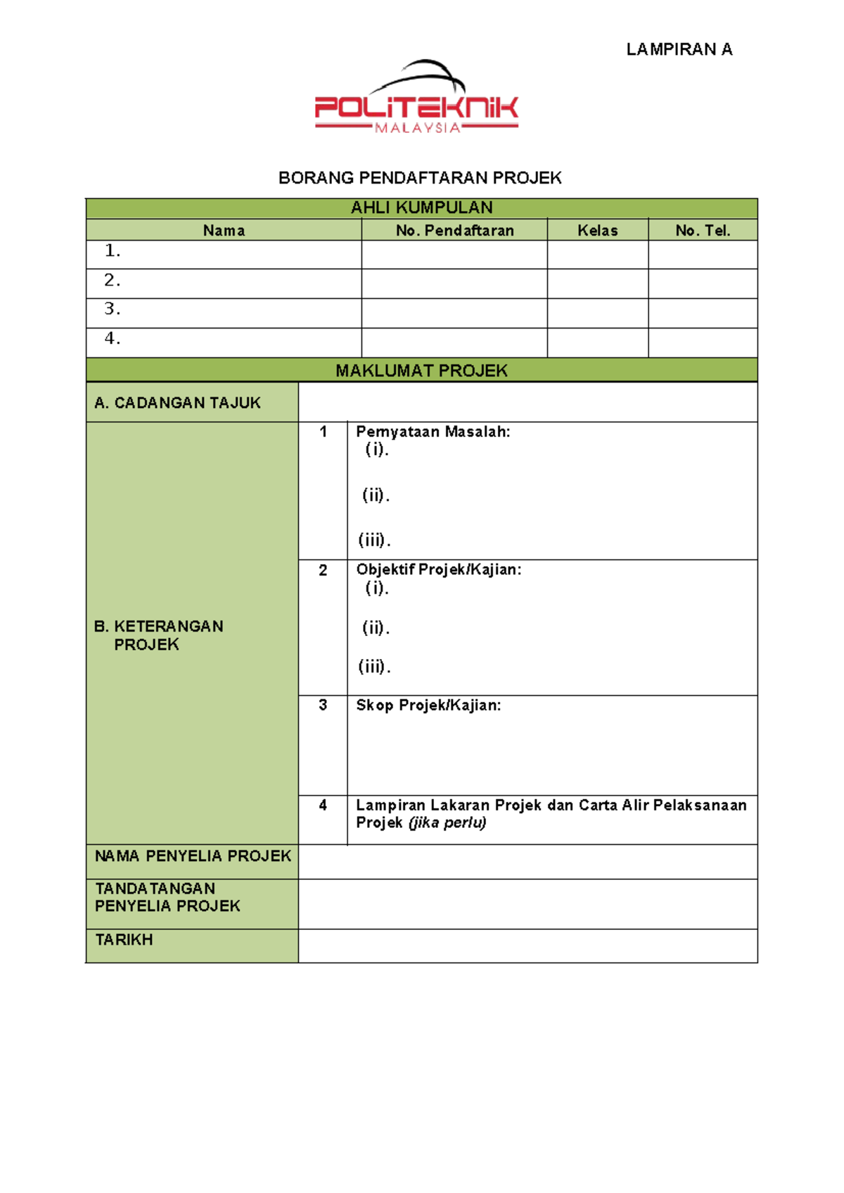 Borang Daftar Tajuk Projek Lampiran A Lampiran A Borang Pendaftaran