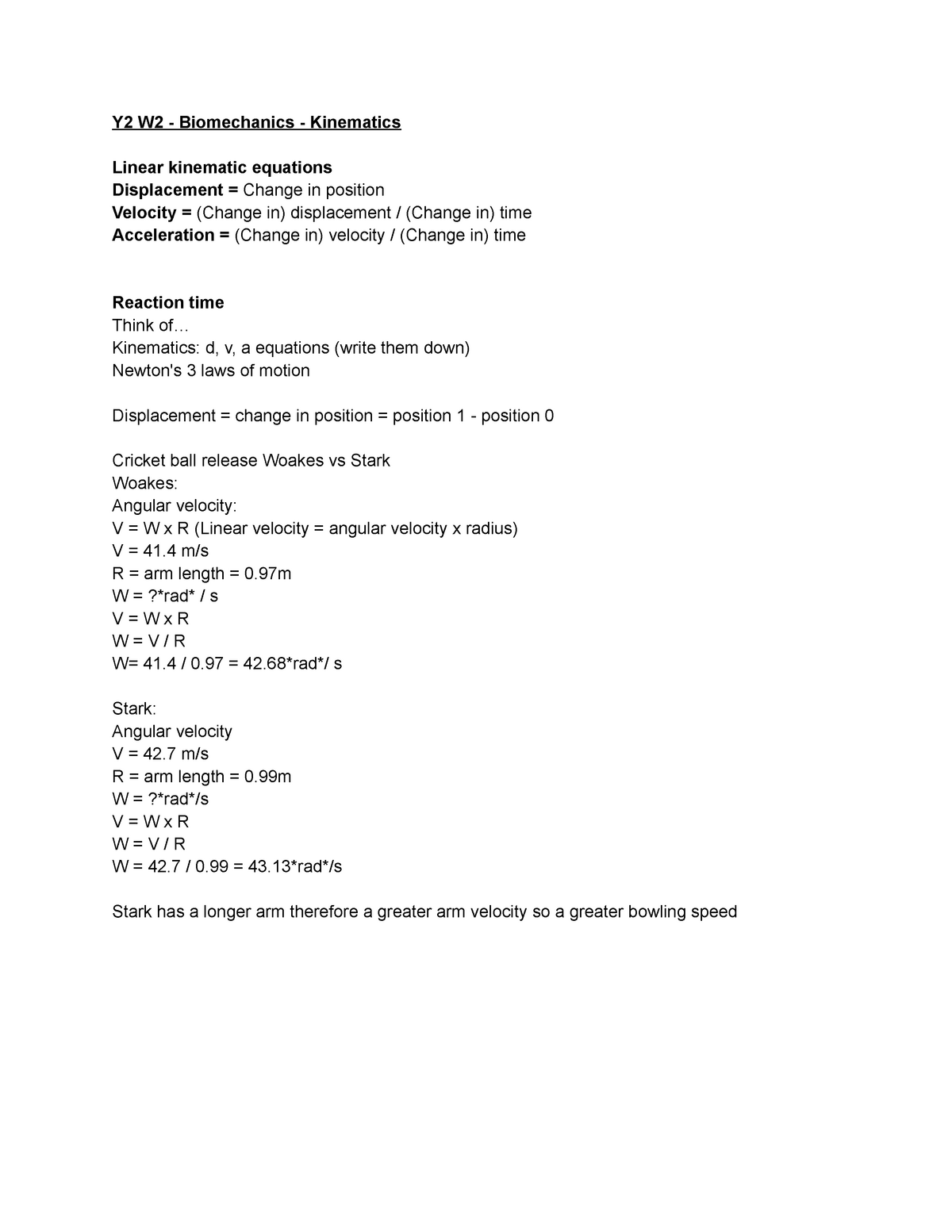 Y2 W2 Sport Science Biomechanics Kinematics Acceleration Displacement Velocity With Completed Example Questions Studocu