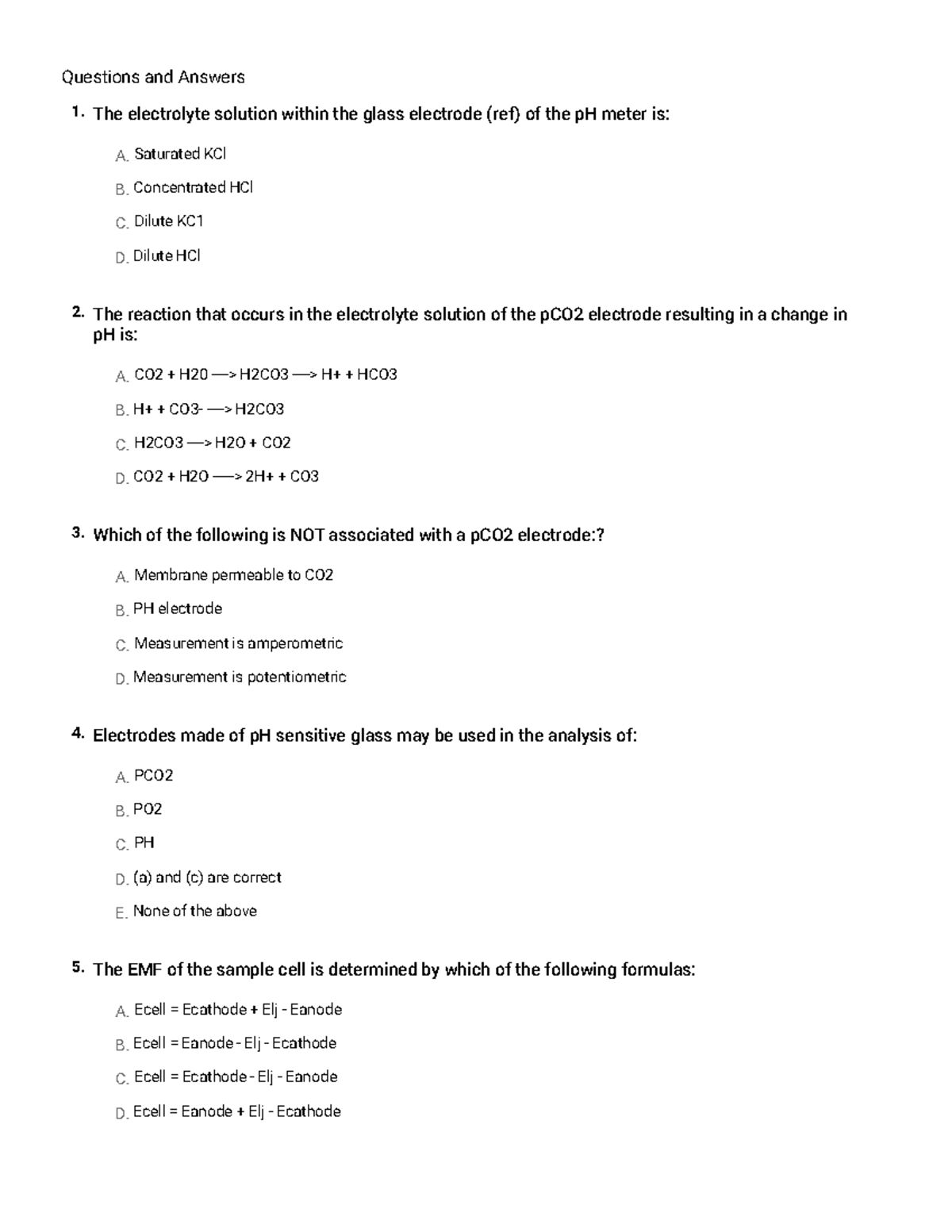 Potentiometry MCQ Quiz Questions A. B. C. D. The electrolyte solution