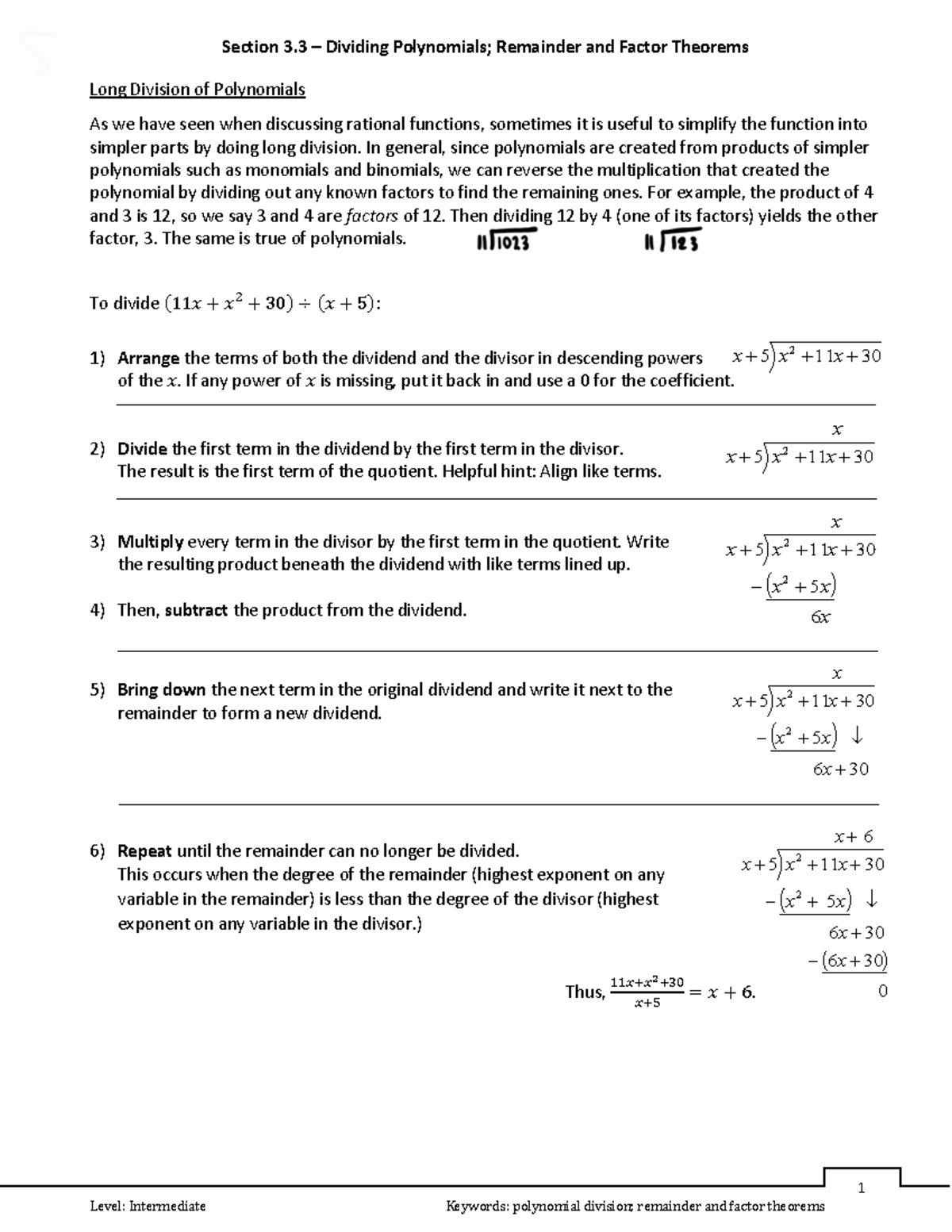 3.3 - Dividing Polynomials; Remainder and Factor Theorems - 1 Long ...