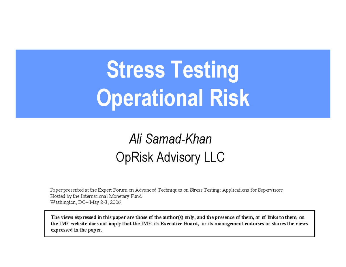Stress testing - Notes summary class - Stress Testing Operational Risk ...