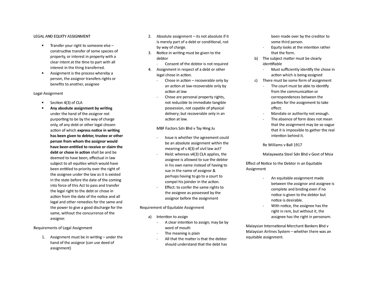 legal assignment and equitable assignment