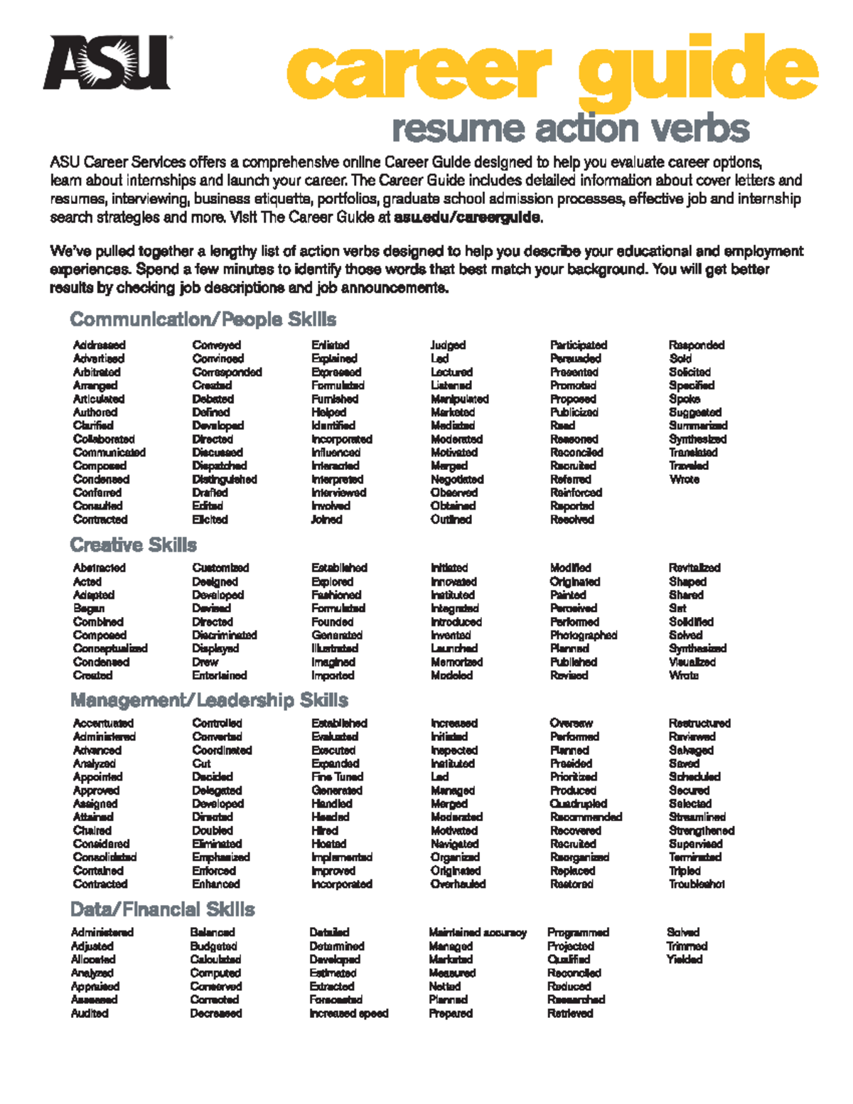Action-verbs-only - Haaa - ASU career guide resume action verbs ASU ...