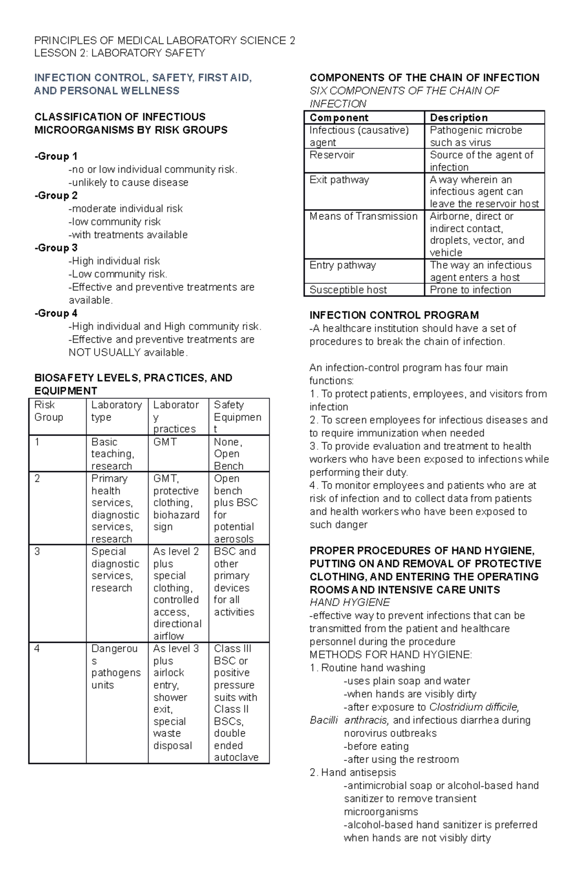Chapter 2 Laboratory Safety LESSON 2 LABORATORY SAFETY INFECTION