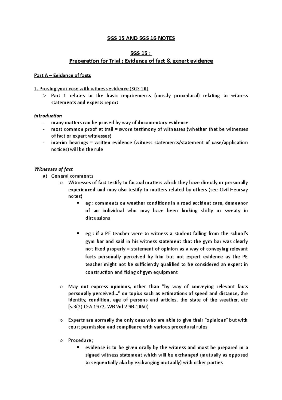 Civil Evidence and Trial notes (Part 1) - SGS 15 AND SGS 16 NOTES SGS ...