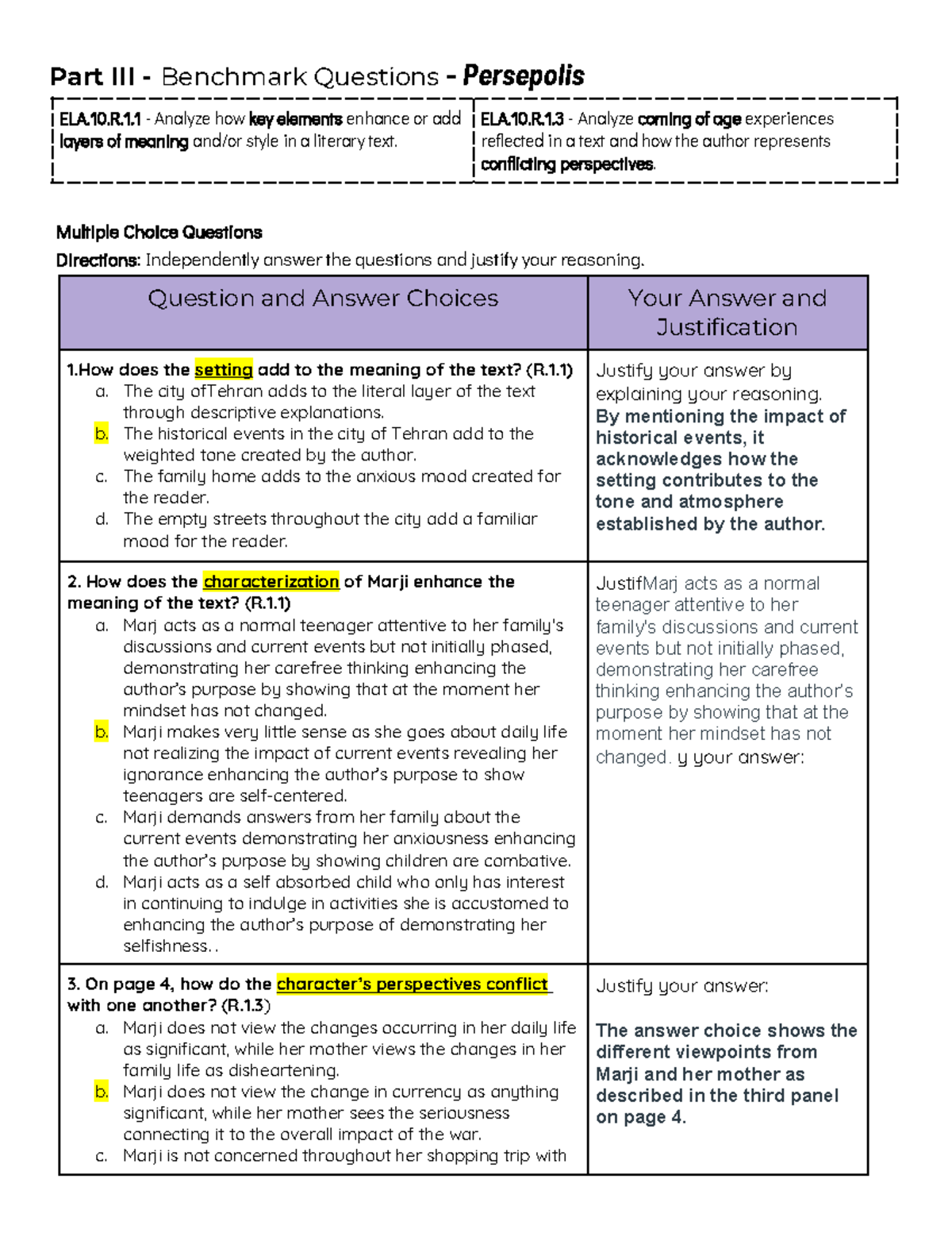 Copy of Drive Part III Benchmark Questions - Persepolis - Part III ...