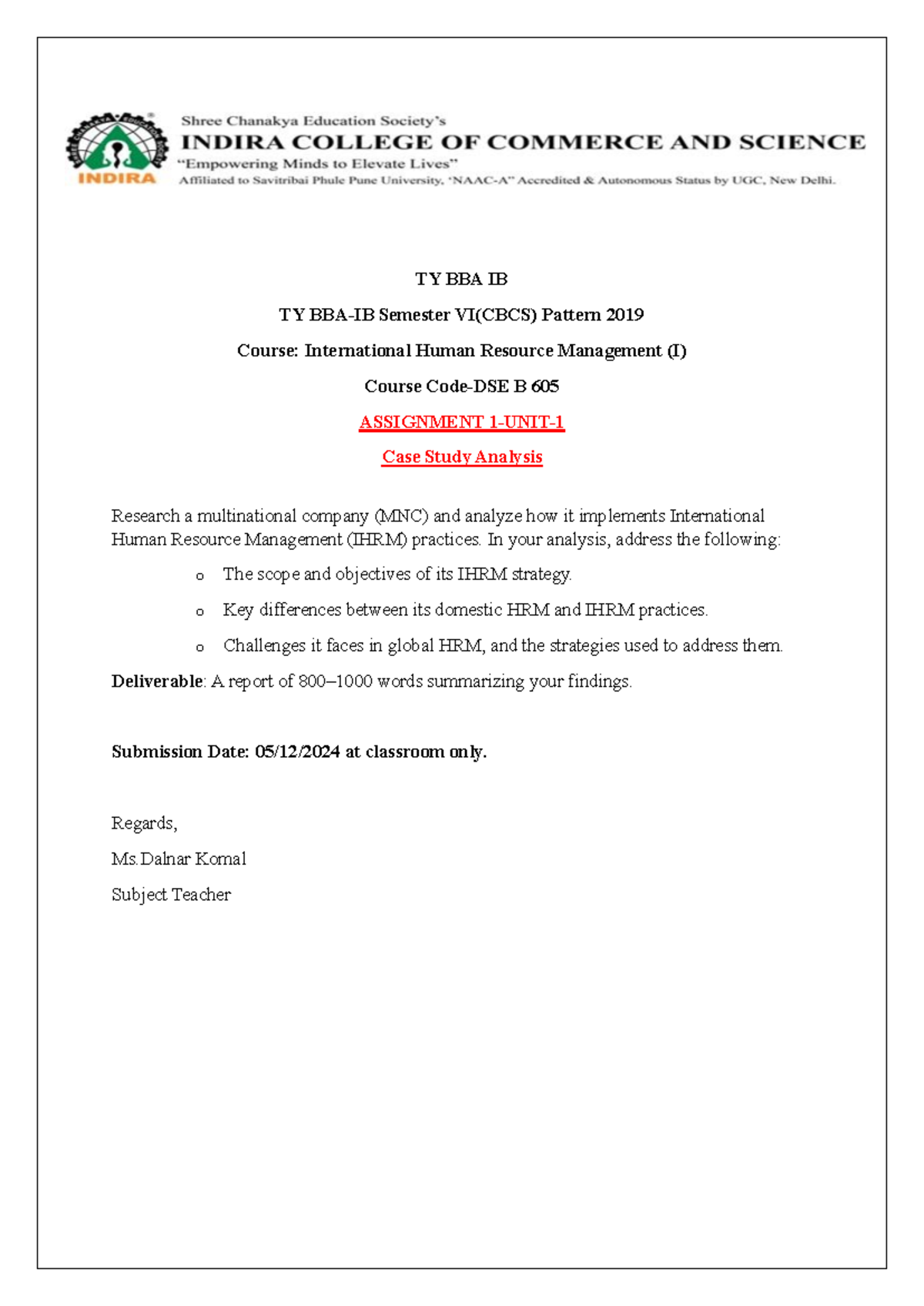 605 International Human Resource Management Assignment 1 - TY BBA IB TY ...