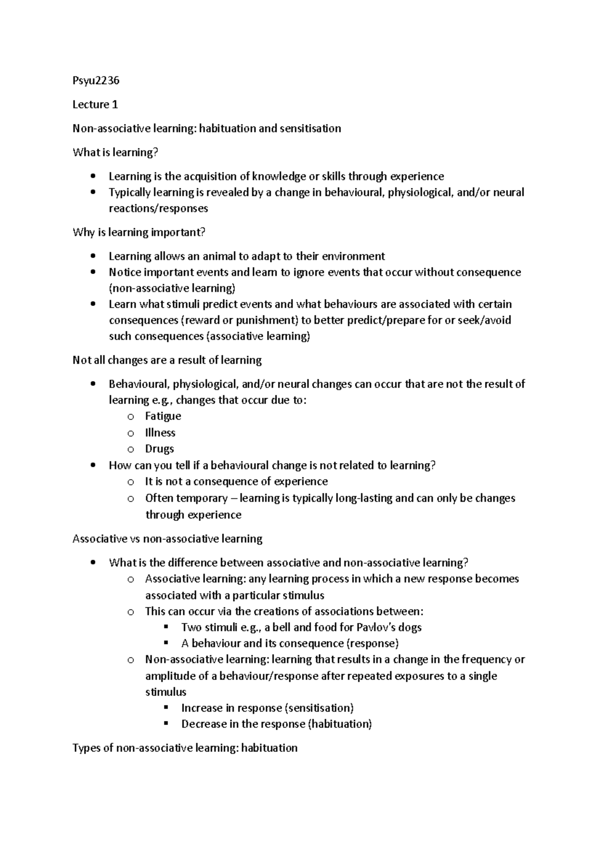 Psyu2236-lectures - gwjlgj - Psyu Lecture 1 Non-associative learning ...