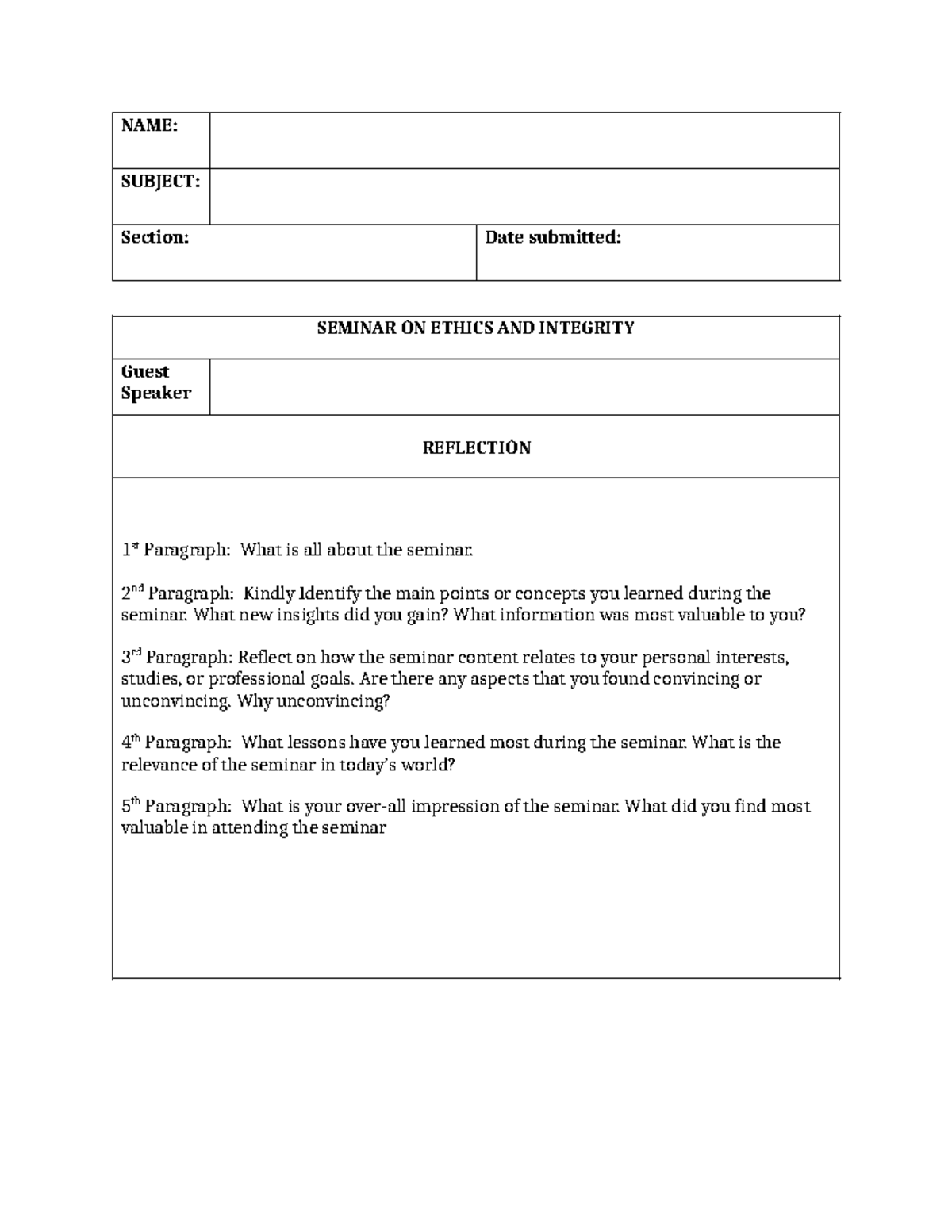Refelction-Seminar - NAME: SUBJECT: Section: Date submitted: SEMINAR ON ...
