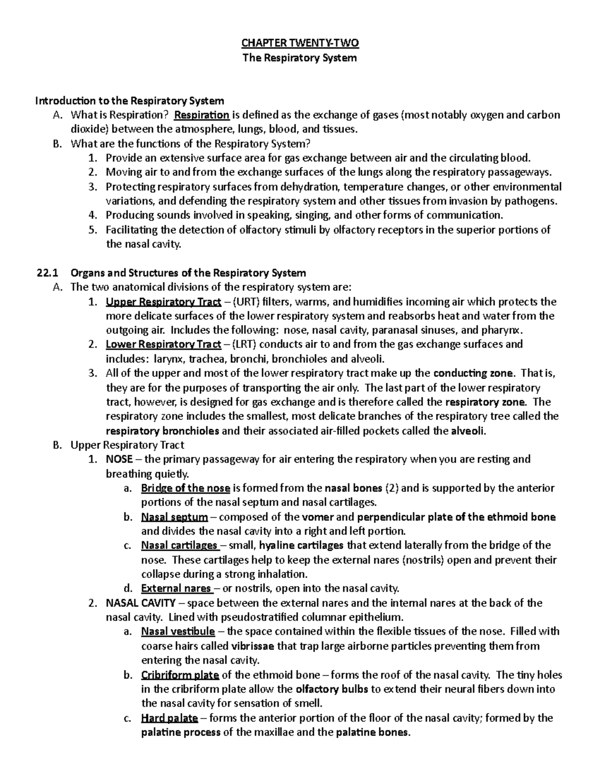 Chapter 22 Outline - CHAPTER TWENTY-TWO The Respiratory System ...