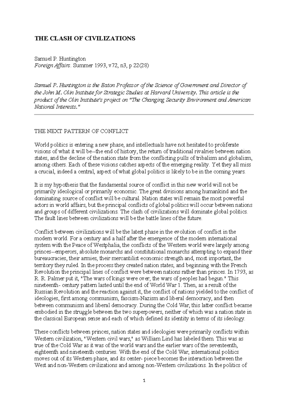 THE Clash OF Civilizations (Huntington) the shorter version - THE CLASH ...