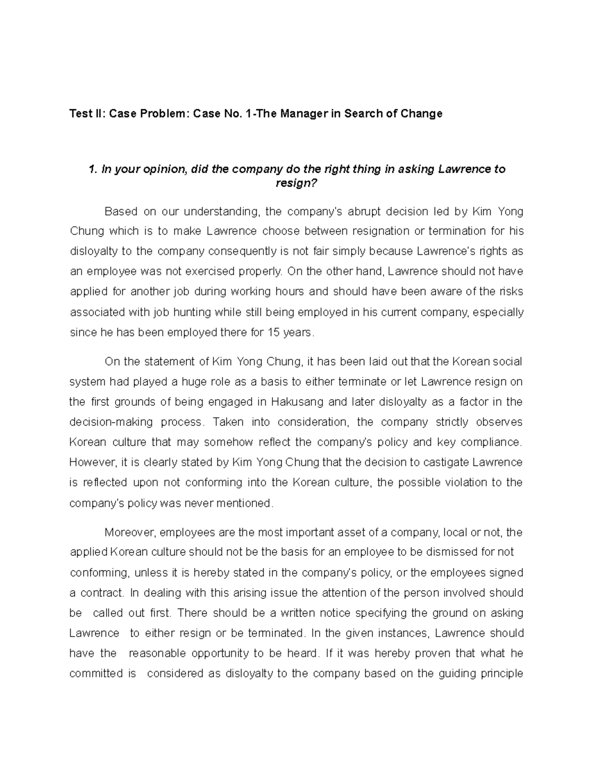 Test II Case Problem Case No. 1-The Manager in Search of Change - Test ...