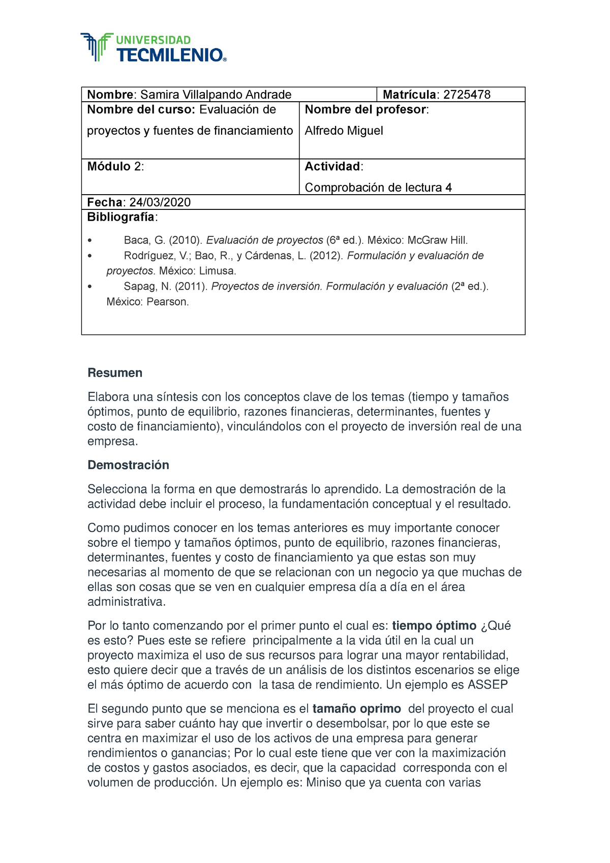 Comprobacion De Lectura 4 Evaluacion De Proyectos Nombre Samira Villalpando Studocu