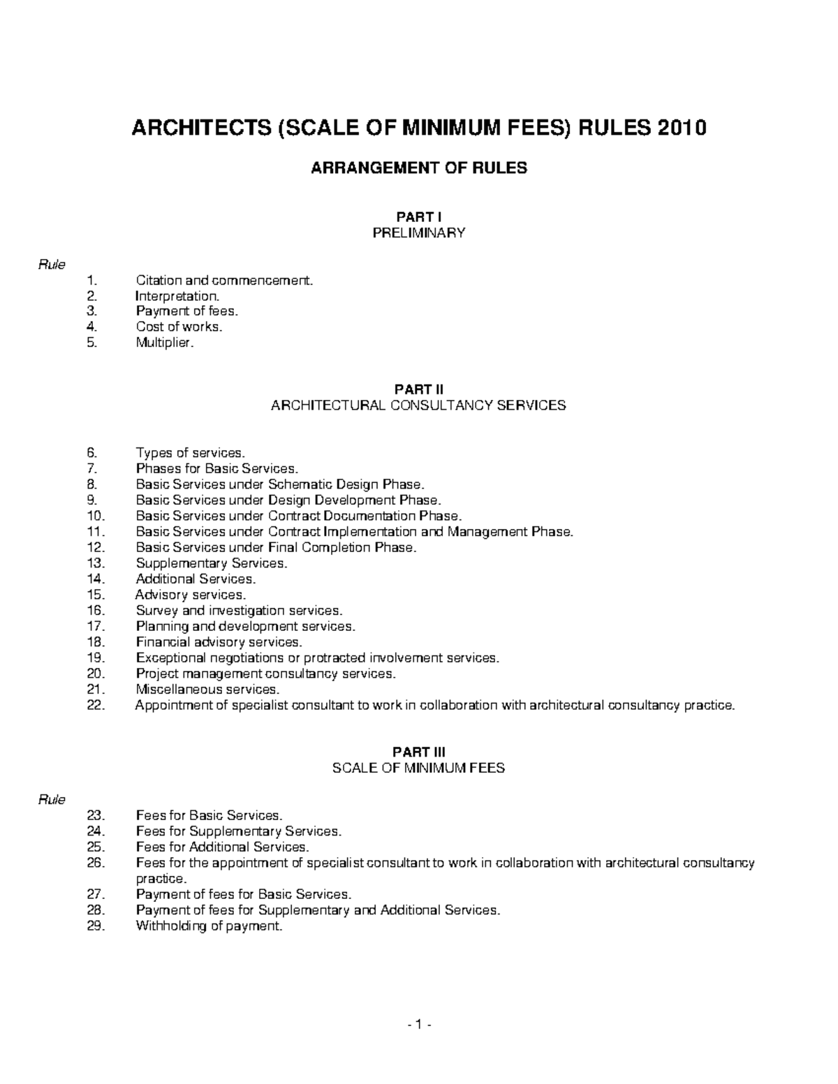 Architects Scale of Minimun Fees ARCHITECTS (SCALE OF MINIMUM FEES) RULES 2010 ARRANGEMENT OF