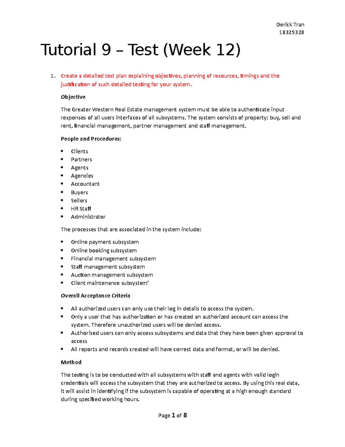 Tutorial 9 - Test - Answers for practical - 18329328 Tutorial 9 – Test ...