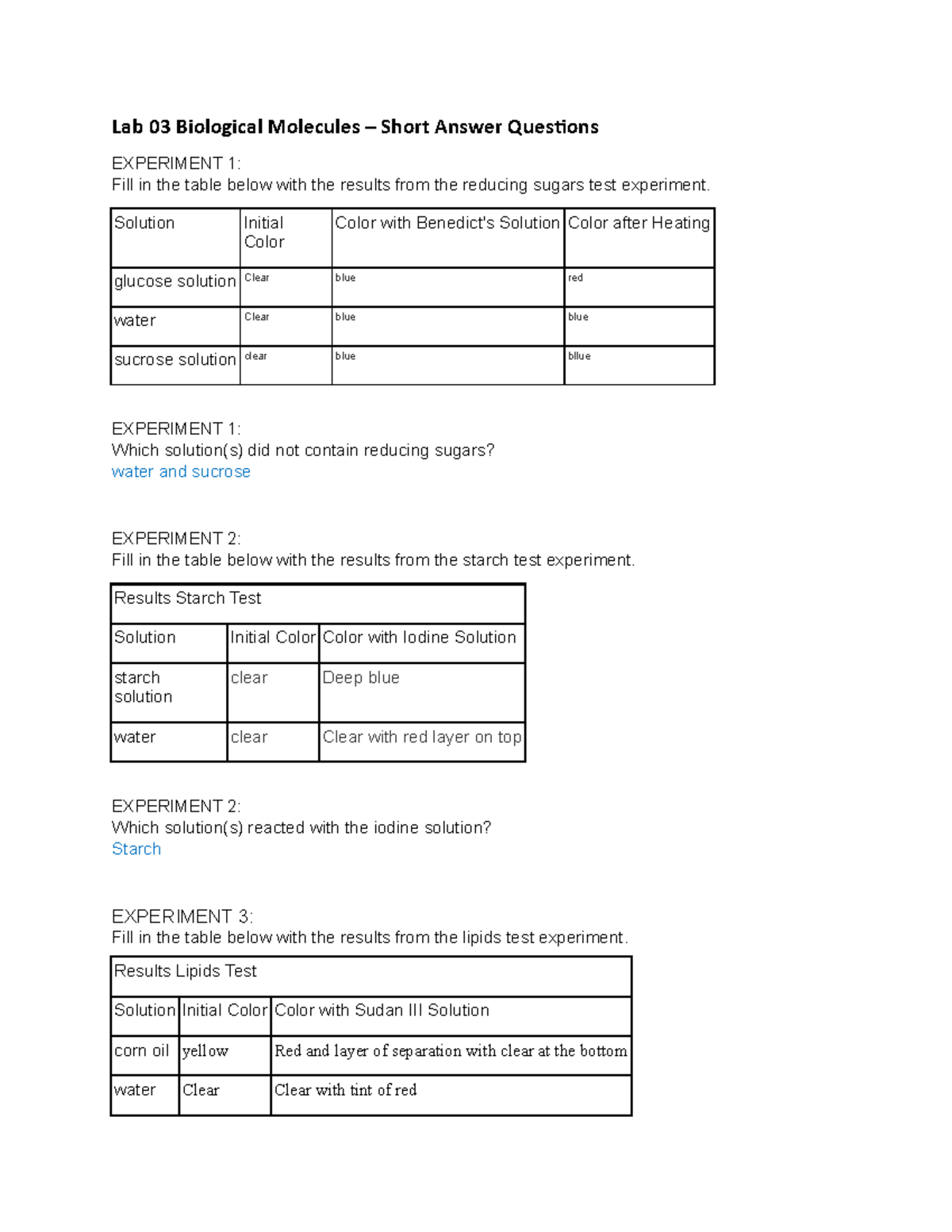 Lab 03 Biological Molecules Short Answers Lab 03 Biological Molecules