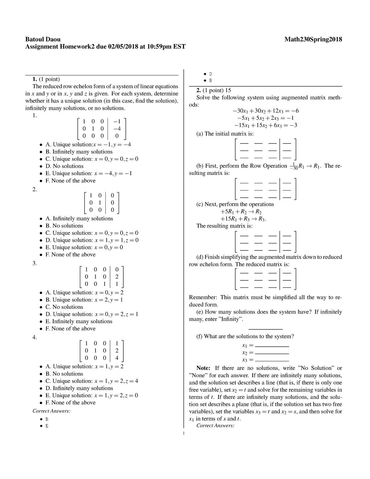 Math230spring 18 Practice Batoul Daou Math230spring Assignment Homework2 Due 02 05 18 At Studocu