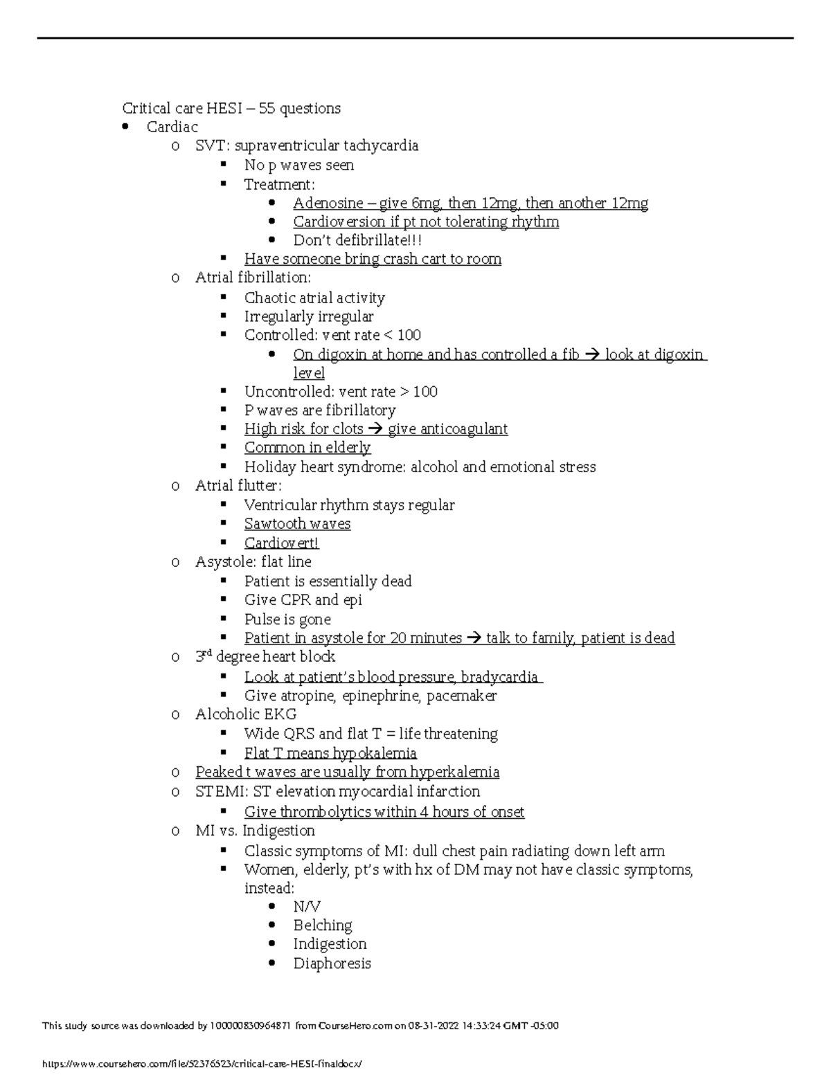 Critical care HESI final Critical care HESI 55 questions Cardiac o