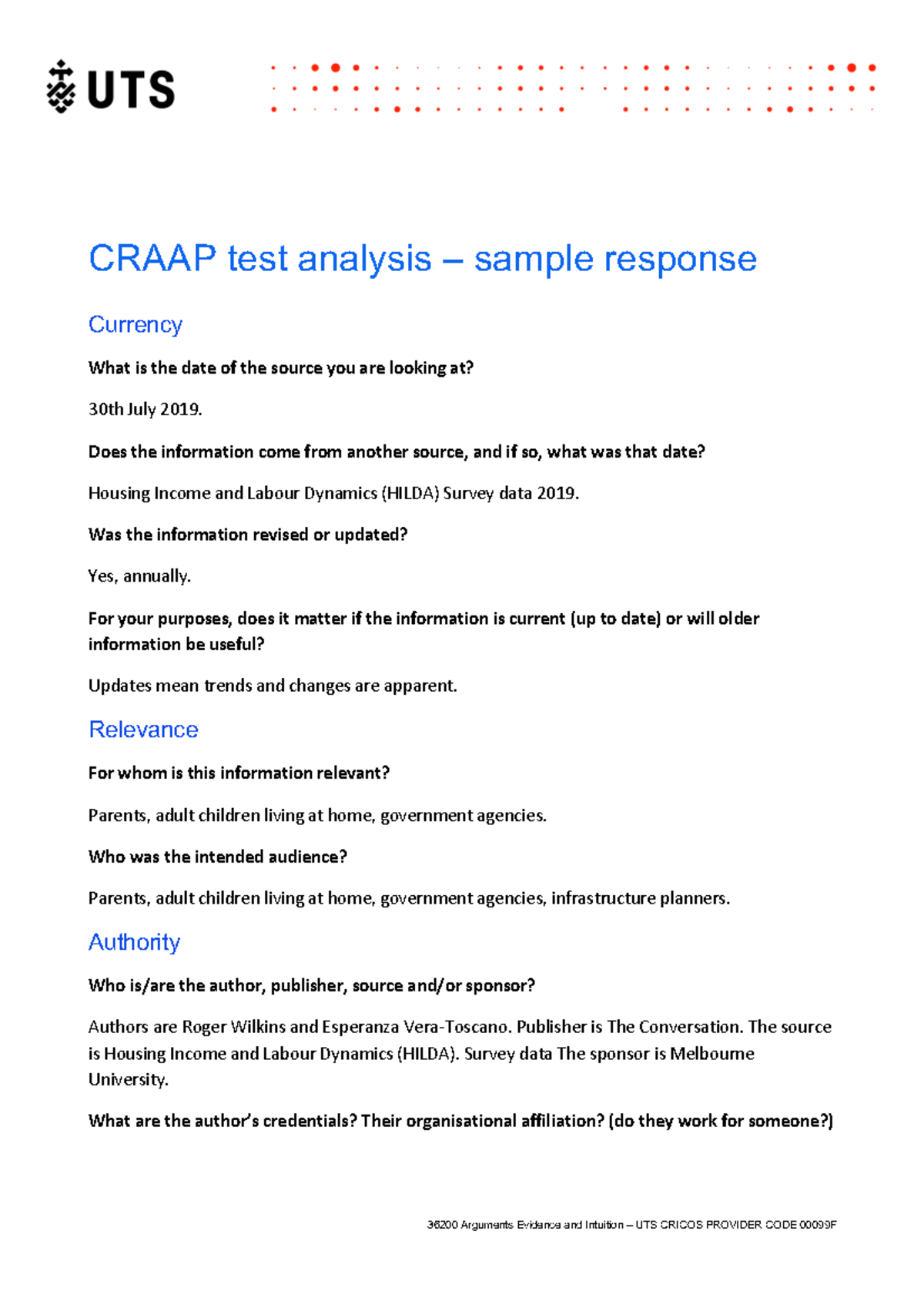 Craap test analysis - Coral's sample response - 36200 Arguments ...