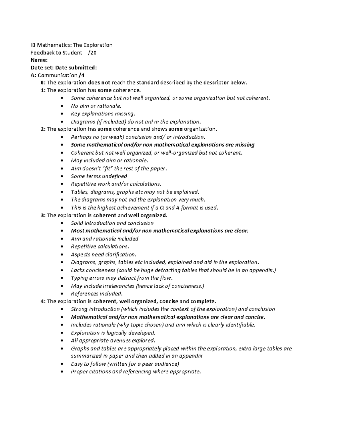 Exploration - Detailed Rubric - IB Mathematics: The Exploration ...