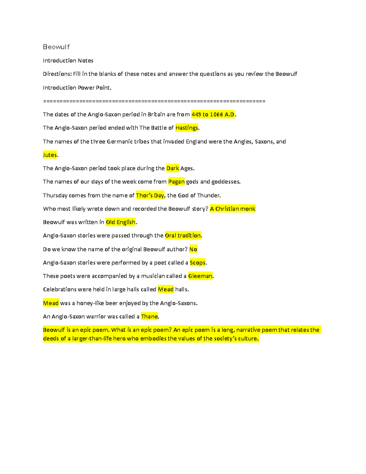 Beowulf - Here - Beowulf Introduction Notes Directions: Fill In The ...