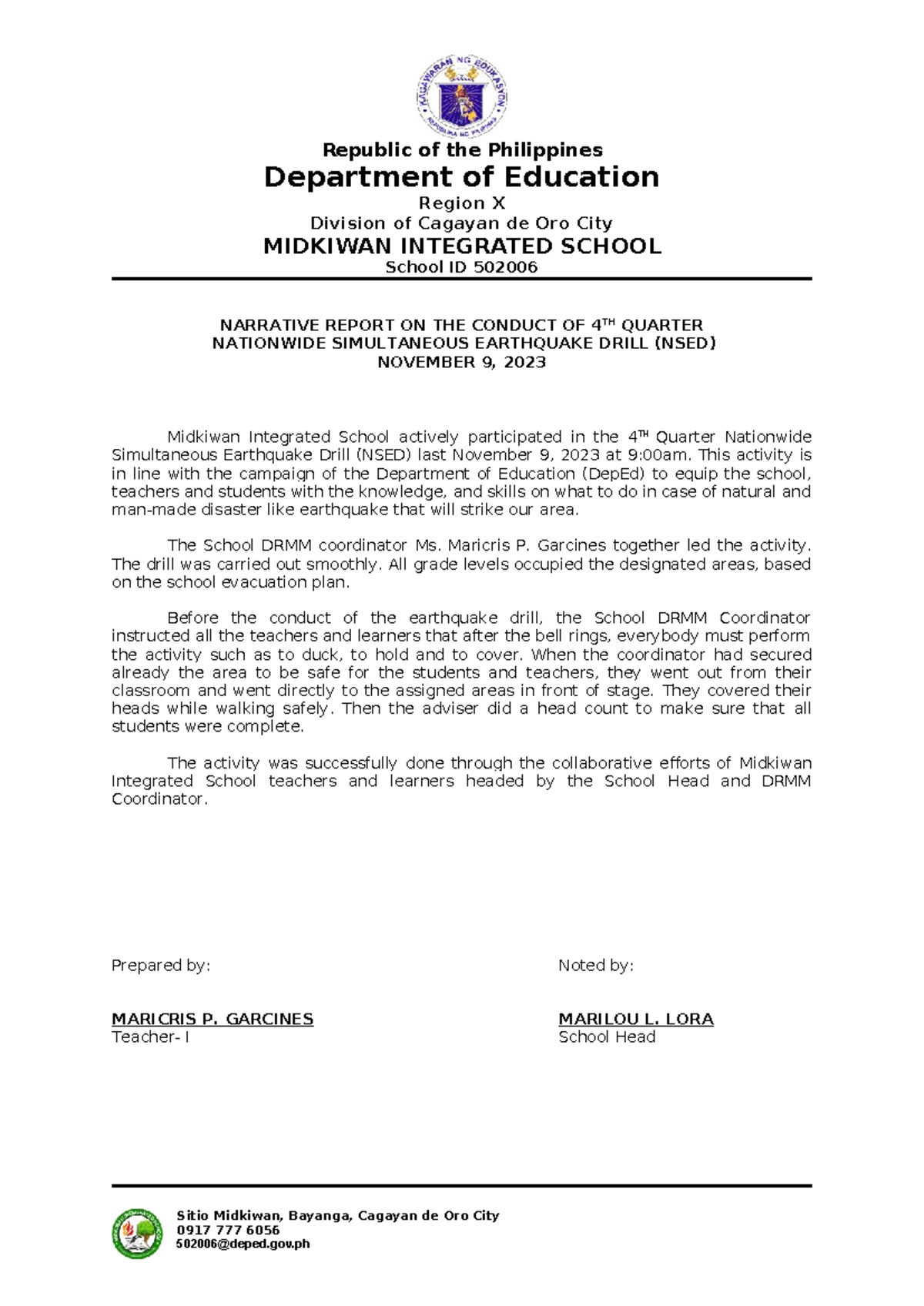 4th Quarter Nsed Narrative Report Republic Of The Philippines Department Of Education Region X 